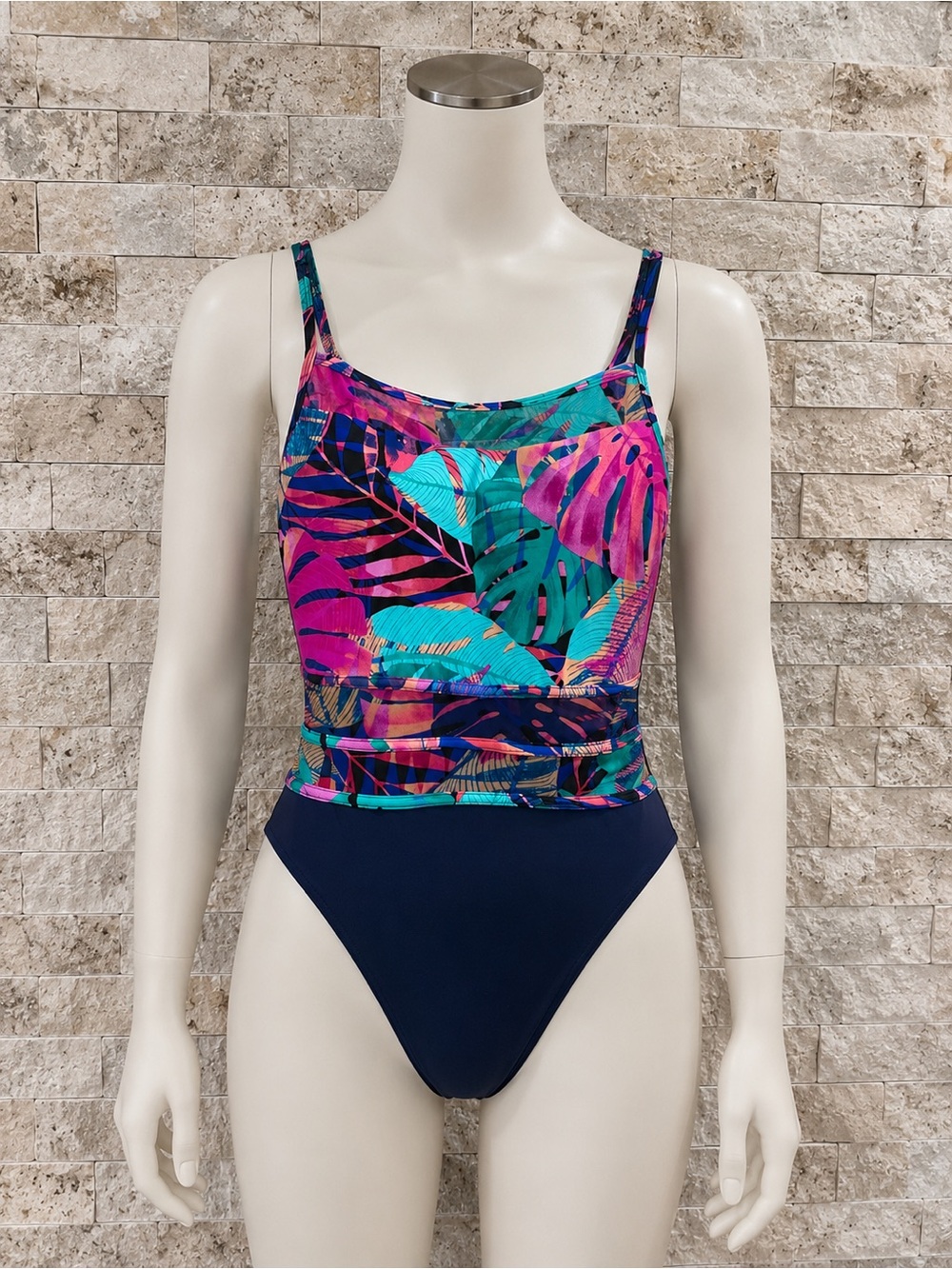 Christina Tropical Print Navy One-Piece with Pink & Teal Leaves size 10